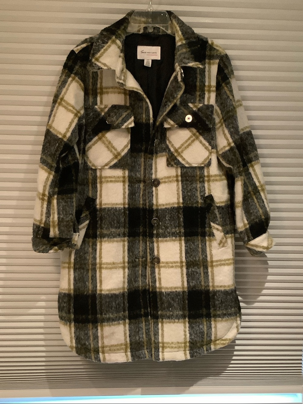 Vince Camuto Black Lined Plaid Shacket with Olive Accents